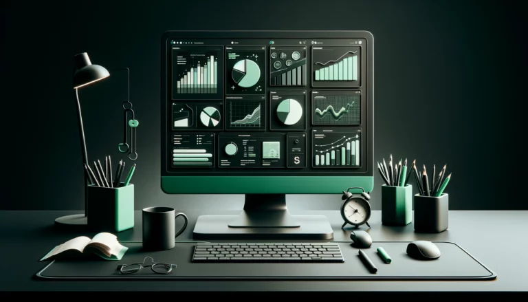 Professional dark green and black desktop setup with charts on computer screen, modern lamp, coffee mug, stationery holders, open book, glasses, and alarm clock, with crisp lighting and shadows for a clean workspace.